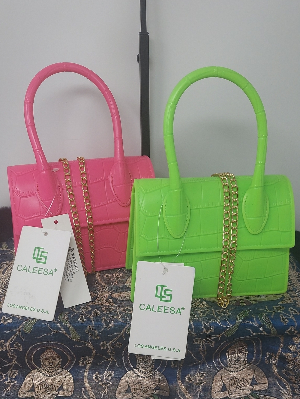 CALESSA Croc-Embossed Mini Satchels Set in Neon Pink & Neon Green w/ Gold Chain